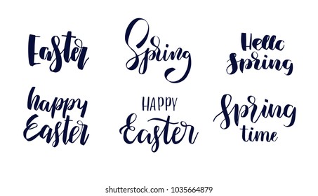 Happy easter set hand drawn brush lettering, isolated on background. Vector illustration card. 