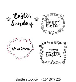 HAPPY EASTER SET- hand drawn modern calligraphy design vector illustration. Easter decoration. Black lettering. Vector illustration with decorative Eaeter wreath. Poster, greeting card template.