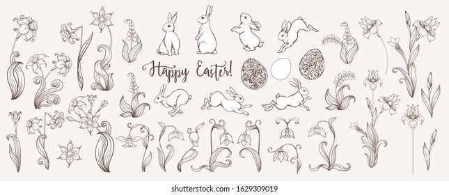 Happy Easter Set of hares, patterned eggs and spring flowers: iris, lily of the valley, snowdrop daffodil. In art nouveau style, vintage retro style. Outline vector illustration