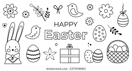 Happy Easter set of holiday elements and festive objects. Linear vector illustration of еaster eggs, bunny, birds and flowers. Hand drawn doodle style. Greeting text design