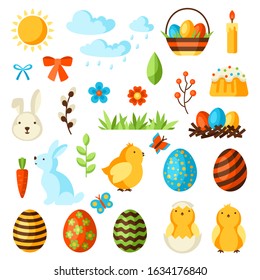 Happy Easter set of holiday items. Decorative symbols and objects, eggs, bunnies.