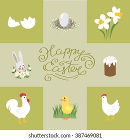 Happy easter - set of icons - egg, rooster, hen, chicken, cake, daffodil, shell