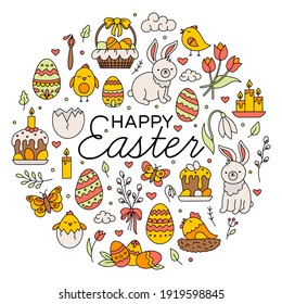 Happy Easter set of icons in the hand drawing Doodle style. A circular vector concept with traditional symbols, eggs, bunnies and chickens.
