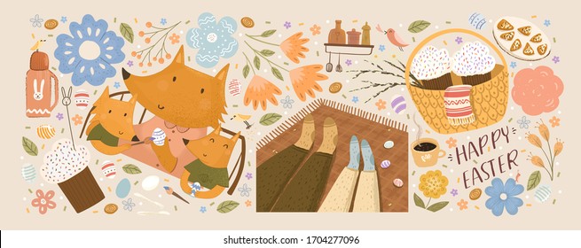 Happy Easter! Set of illustrations with fox family paints eggs; couple celebrating on picnic; Easter cakes in basket, flowers and isolated objects. Vector cute drawings for card, postcard or poster