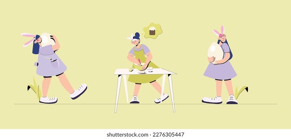 Happy Easter set of illustrations. Easter girls wearing bunny ears. Girl preparing easter bread. Girl holding large easter egg. Egg hunting illustration. Cooking process illustration.