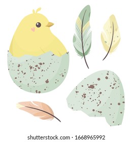 Happy easter set illustrution with a funny yellow chick in eggshell. Vector illustration