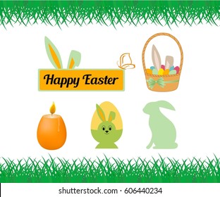 Happy Easter set. The inscription on the slab. Candle, rabbit, eggs in the basket, green grass, butterfly. Vector illustration on white background