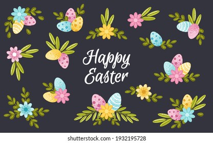 Happy Easter. Set of isolated holiday elements for decor a greeting card with eggs and spring foliage with flowers. Vector illustration