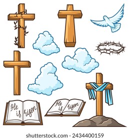 Happy Easter set of items. Background with religious symbol.