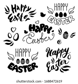 Happy Easter. Set of lettering compositions. Black text and decor on white background. Greeting card, sticker or print of lettering and calligraphy.