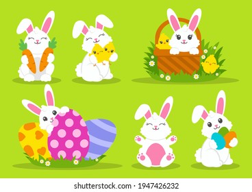 Happy Easter. Set of little cute rabbits. Carrot, basket, bunny, eggs, chicken. Colored flat vector illustration isolated on blue background. Cartoon character.