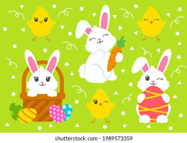 Happy Easter. Set of little cute rabbits. Carrot, basket, bunny, chicken, eggs. Colored flat vector illustration isolated on green background. Cartoon character.