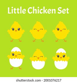 Happy Easter. Set of little cute chickens. Colored flat vector illustration isolated on green background. Cartoon character.