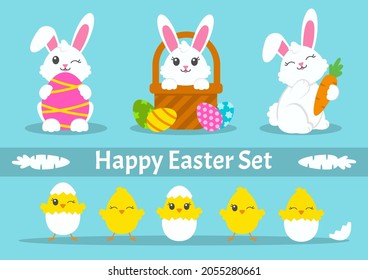 Happy Easter. Set of little cute rabbits. Carrot, bunny, eggs, chicken, basket. Colored flat vector illustration isolated on green background. Cartoon character.