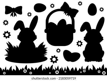Happy Easter. Set of little cute rabbits. Basket, bunny, eggs. Colored flat vector illustration isolated on white background. Cartoon character.