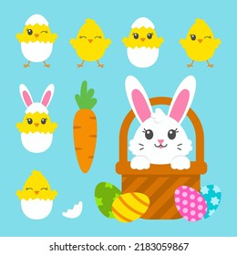 Happy Easter. Set of little cute chickens. Baby rabbit. Carrot, basket, bunny, eggs. Colored flat vector illustration isolated on green background. Cartoon character.