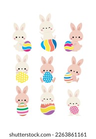 Happy Easter set of Little Rabbit Bunny with a painted egg flat design, banner template isolated on white Background vector illustration