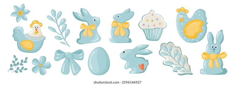 Happy Easter. Set of lovely blue Easter elements from eggs, bunnies, chickens, flowers, twigs, cakes and bows. Vector Easter holiday set for designing a card and invitation to a traditional holiday.