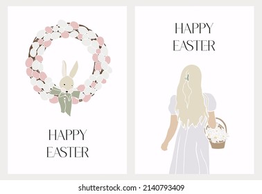 Happy Easter. Set modern vector flat Easter greeting cards with wreath, eggs, bunny and woman with basket. Aesthetics of spring. Spring illustration on a white background. Easter decor. Hello april