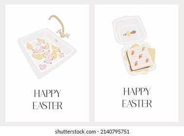 Happy Easter. Set modern vector flat Easter greeting cards. Shell with ducklings and flowers and carrot bento cake. Aesthetics of spring. Spring illustration on a white background. Easter decor. 