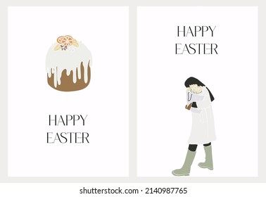 Happy Easter. Set modern vector flat Easter greeting cards with Easter cake and woman with tulips. Aesthetics of spring. Spring illustration on a white background. Easter decor. Hello april