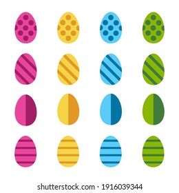 Happy Easter set of Easter painted eggs. Holiday elements in bright colors - pink, blue, yellow and green with geometric elements. Square format vector flat illustration isolated on white background