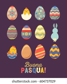 Happy Easter set. Painted Eggs Bunny and Chicken. Italian Typography.