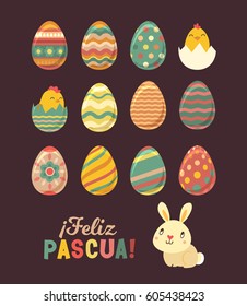 Happy Easter set. Painted Eggs Bunny and Chicken. Spanish Typography.