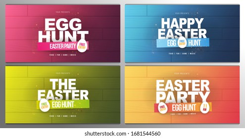 Happy Easter. Set of Party Flyers Illustration with white eggs. Nature wooden background. Spring holiday celebration poster design template