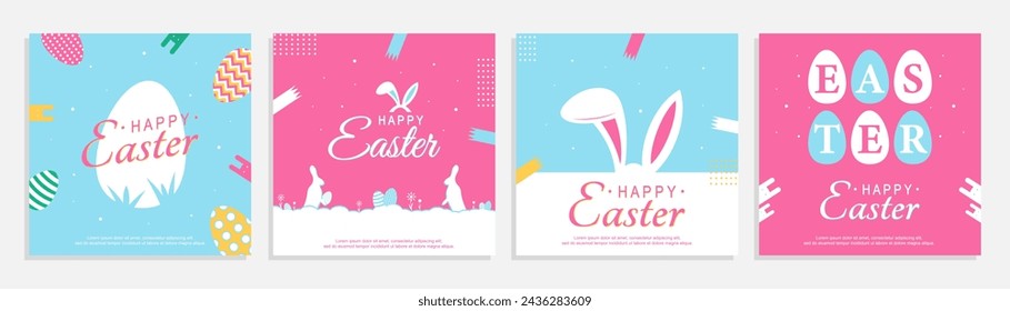 Happy Easter set. Patterns. Greeting card template. Vector Easter illustration. Easter eggs, rabbit. Perfect for a poster, holiday cover, or postcard.