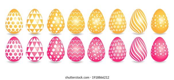 Happy easter. Set of pink and yellow patterns for Easter eggs on a white background. Vector illustration