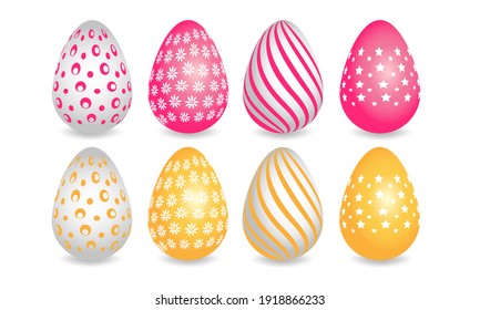 Happy easter. Set of pink and yellow patterns for Easter eggs on a white background. Vector illustration