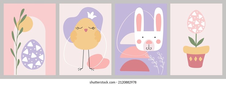 Happy easter. A set of postcards with cute characters and symbols of the holiday in the Scandinavian style. For posters, banners, social media posts, mobile apps, advertising, web.