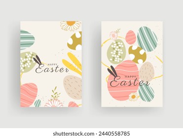 Feliz Pascua Conjunto de banners de póster, tarjetas de felicitación, cubiertas de vacaciones. Diseño de moda con tipografía, huevos y conejito, en colores pastel. Arte moderno estilo minimalista