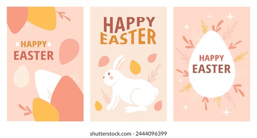 Happy Easter set poster, card. Easter eggs, bunny. Spring modern vector illustration