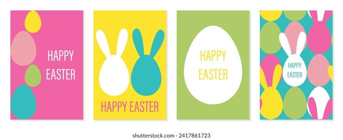 Happy Easter set of posters, cards or covers in modern minimalistic style with eggs and rabbit ears. Trendy cute templates for advertising, branding, congratulations or invitations