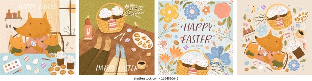 Happy Easter! Set of posters with fox family paints eggs; couple celebrating on picnic; Easter cakes in basket, flowers and isolated objects. Vector cute illustration for card, postcard or poster