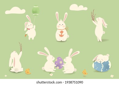 Happy Easter. Set of Rabbit Bunny with eggs, grass, flowers in field. Cute cartoon rabbit character with chicken, Paschal egg. Design template for Banner, flyer, invitation, greeting card, poster.