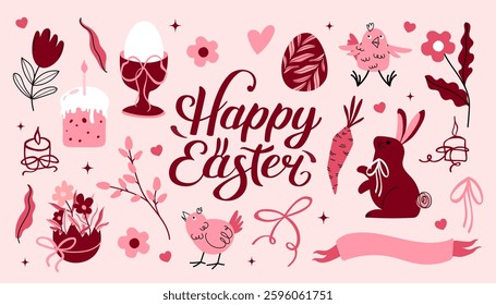 Happy Easter set with rabbit, egg, festive cake, chicken and willow and flowers. Trendy modern vector flat illustration in coquette Aesthetic style.