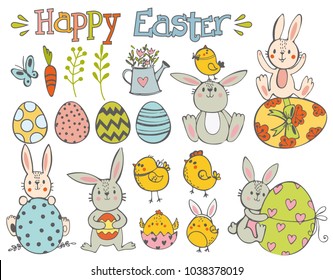 Happy Easter.  Set of Happy Easter. Rabbit,chicken and eggs. Vector illustration