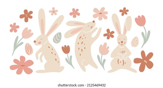 Happy easter. Set of rabbits. Spring cartoon illustration for kids