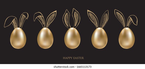 Happy Easter. Set of rabbits's ears. Gold eggs. Hand drawn illustration.