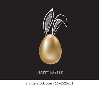 Happy Easter. Set of rabbits's ears. Gold eggs. Hand drawn illustration.