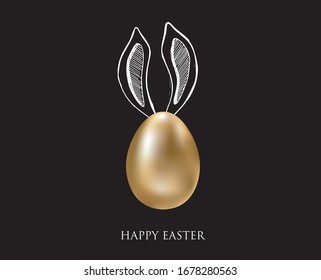 Happy Easter. Set of rabbits's ears. Gold eggs. Hand drawn illustration.