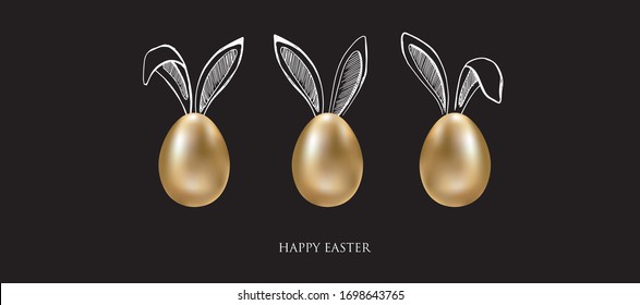 Happy Easter. Set of rabbits's ears. Gold eggs. Hand drawn illustration.