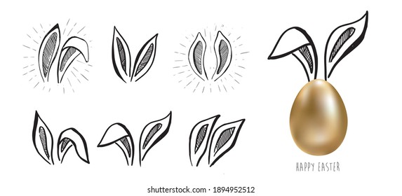 Happy Easter. Set of rabbits's ears, Gold eggs. Hand drawn illustration.
