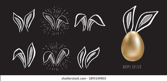 Happy Easter. Set of rabbits's ears, Gold eggs. Hand drawn illustration.