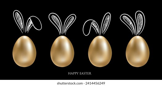 Happy Easter. Set of rabbits's ears. Gold eggs. Hand drawn illustration.	