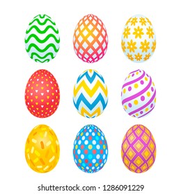Happy easter. Set of realistic Easter eggs with different texture and ornament on a white background. Spring holiday. Vector illustration. Happy easter eggs