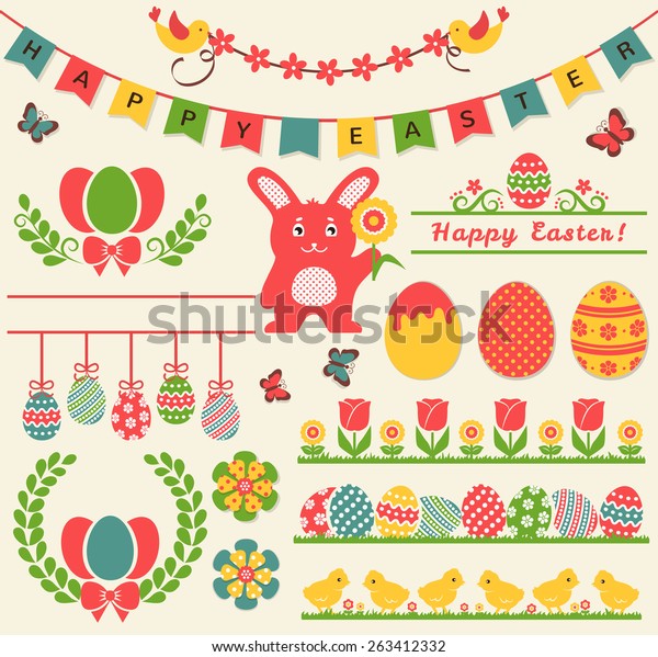 Happy Easter! Set of retro decorations\
isolated on light background. Collection of cute elements for\
scrapbooking, festive invitations, page and website decor or any\
other design. Vector\
illustration.